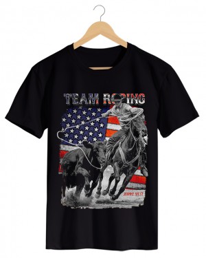 Team Roping - Camiseta Masculina Preto em Malha Algodão