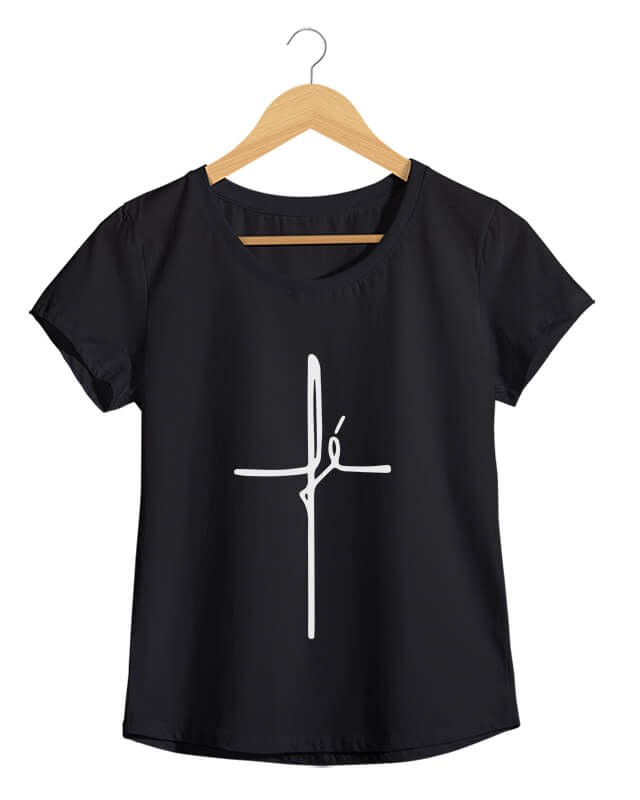 Cruz de Fé - Camiseta Feminina Preta em Malha Algodão