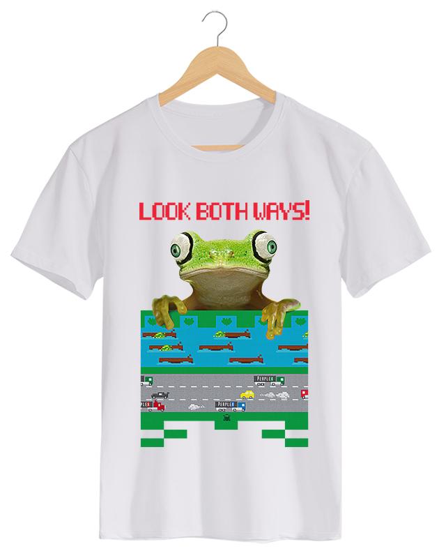 Frogger - LOOK BOTH WAYS - Camiseta Masculino Branco em Malha Algodão