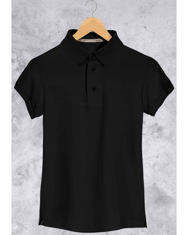 Camiseta Gola Polo Básica Feminina Preto Em Malha Algodão